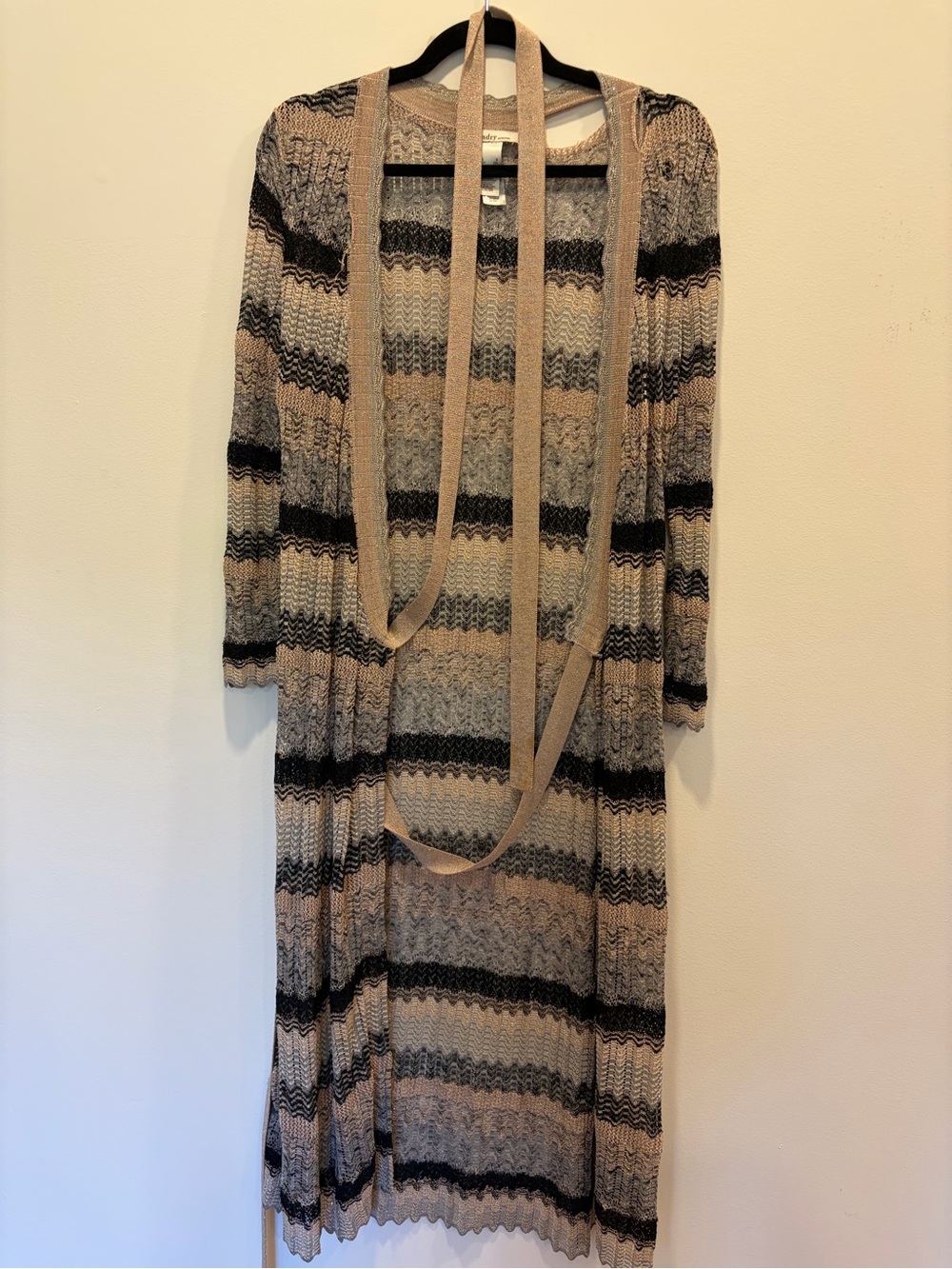 Laundry by Design Beige and Black Striped Open-Front Long Cardigan